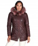 Piumino in pelle naturale bordeaux con cappuccio bordato pelliccia