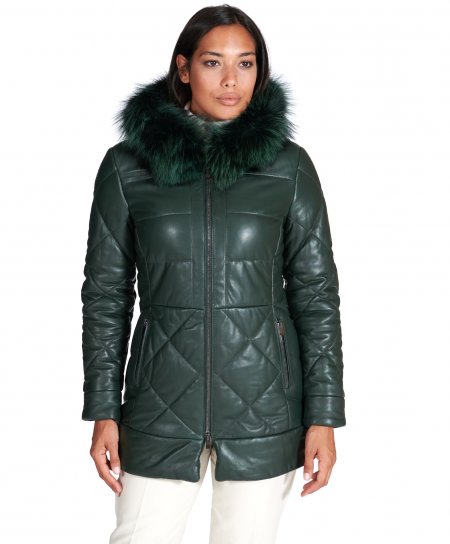 Green hooded natural leather down coat fur edged hood