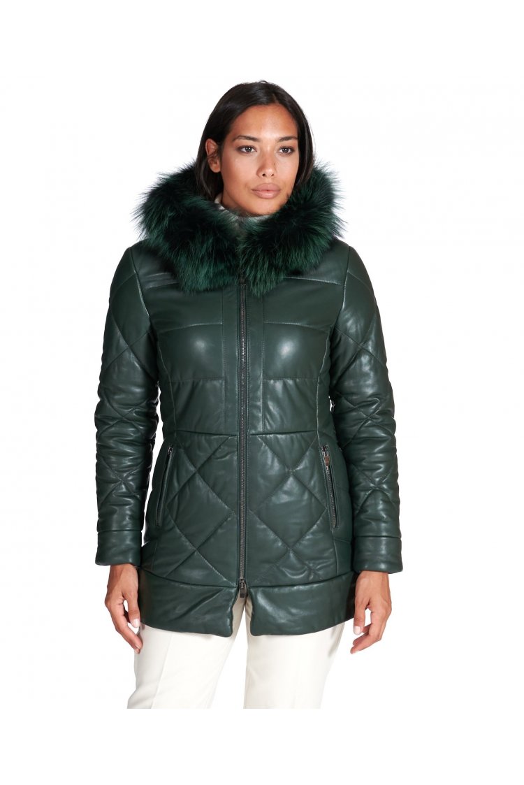 Green hooded natural leather down coat fur edged hood