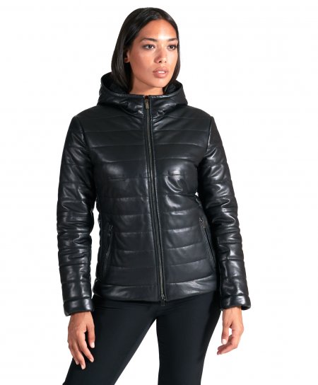 Black hooded nappa down leather jacket