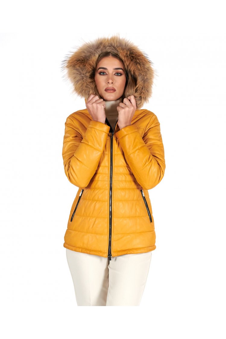 Yellow hooded nappa lamb leather down jacket 