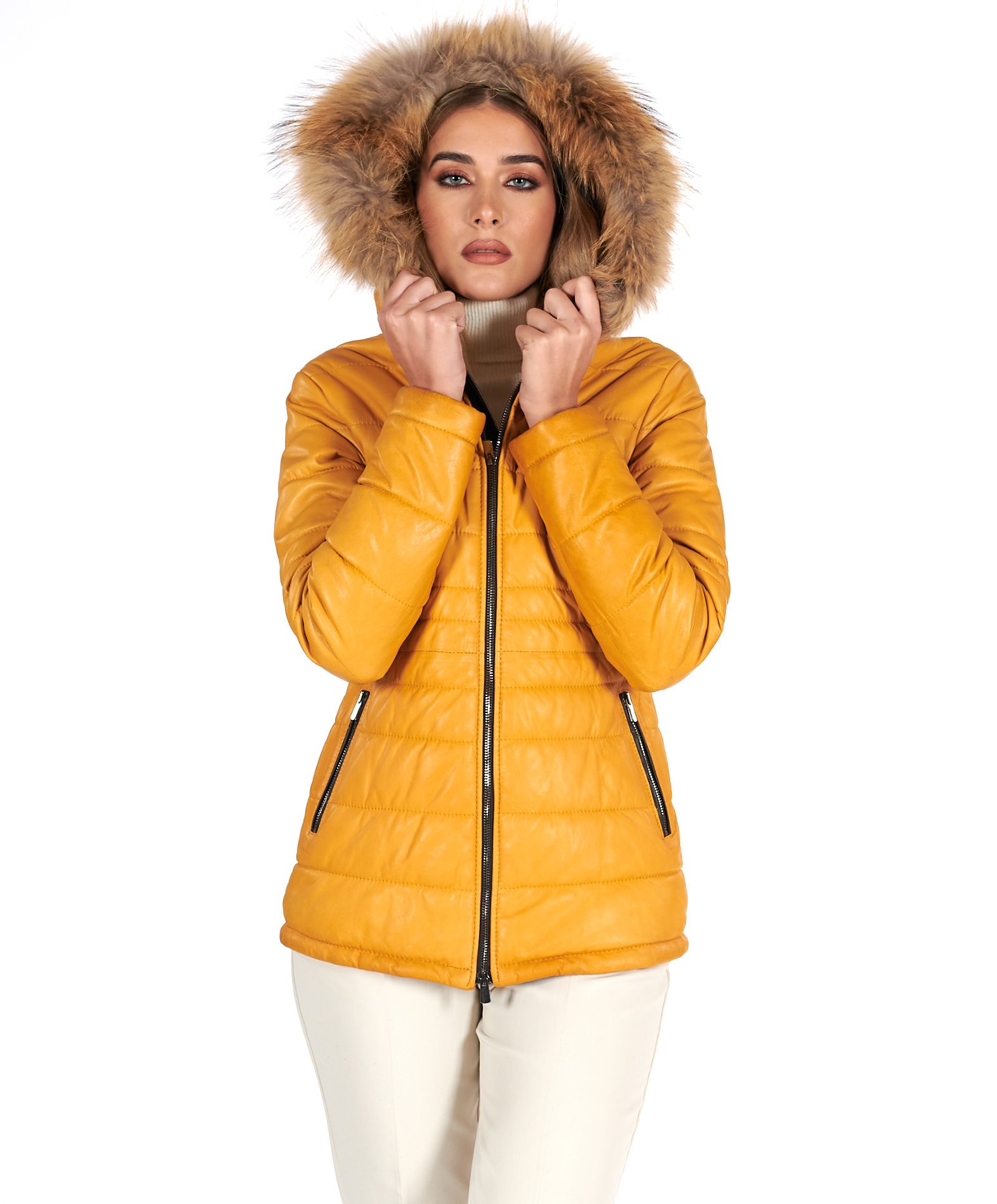 Woman Leather Hooded Down Jacket yellow colour Ladies