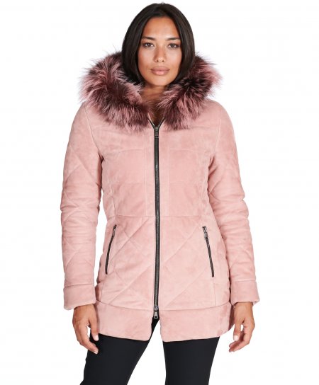 Pink hooded suede lamb leather down coat fur edged hood