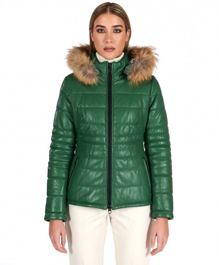Green hooded nappa lamb leather down jacket
