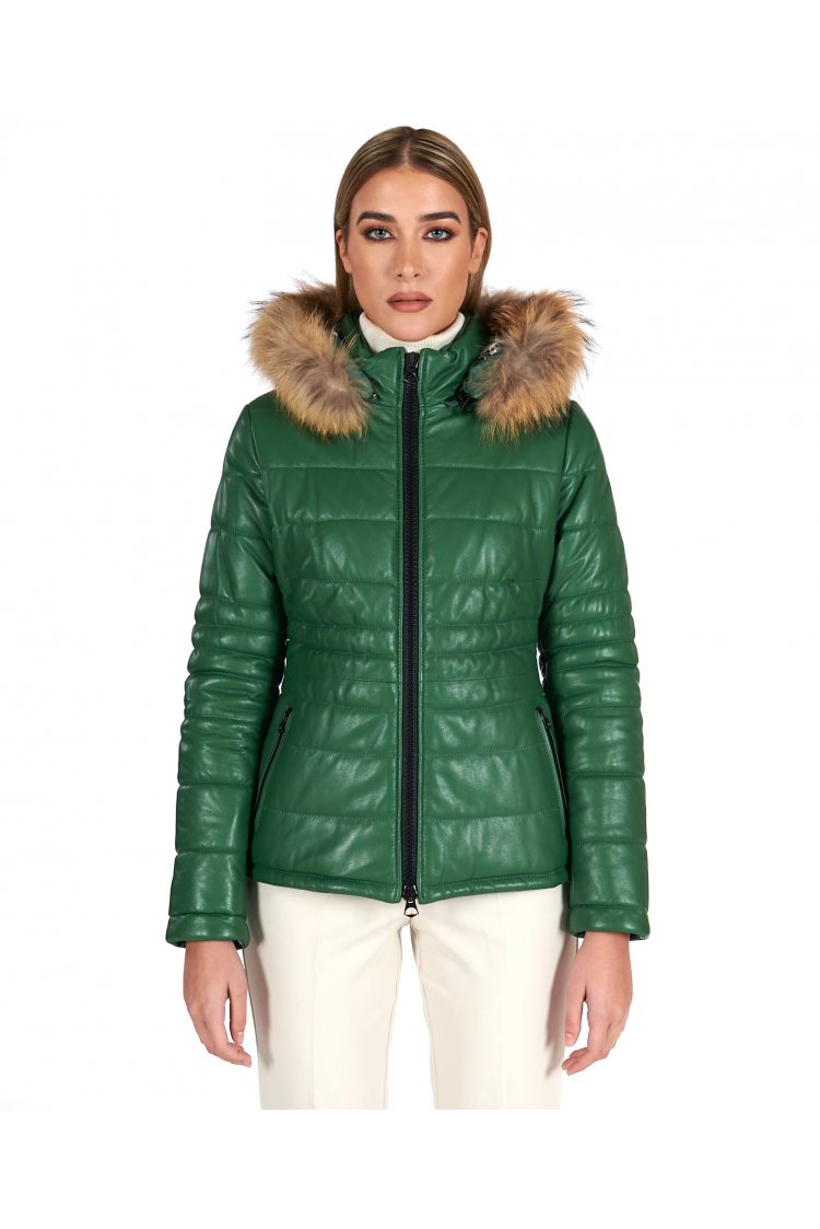 Green hooded nappa lamb leather down jacket