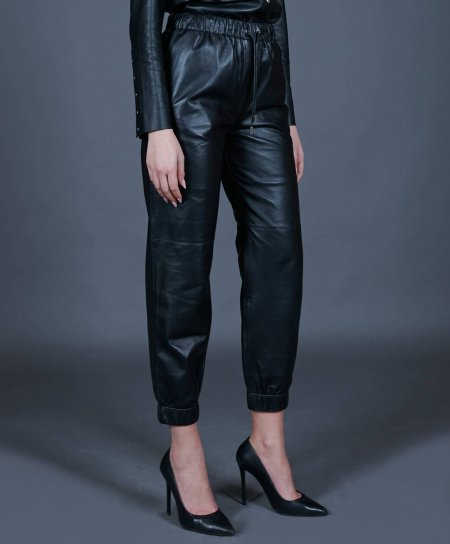 Black leather trousers joggers unlined pant