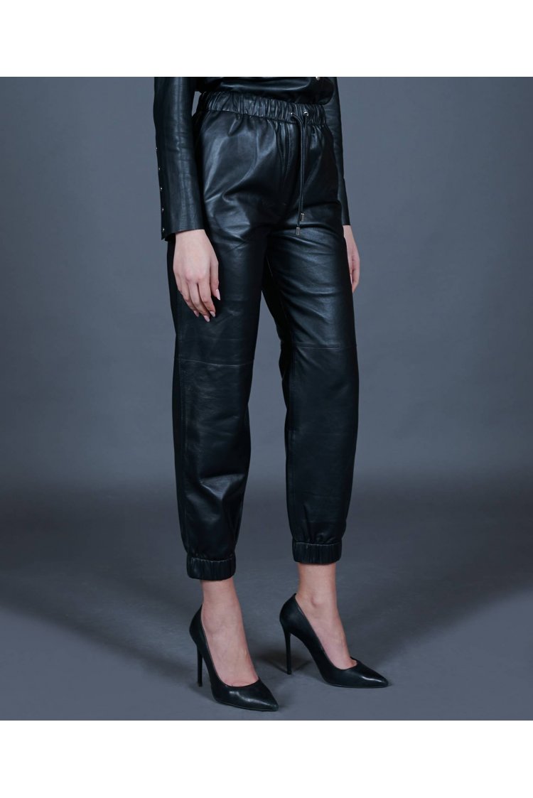 Black leather trousers joggers unlined pant