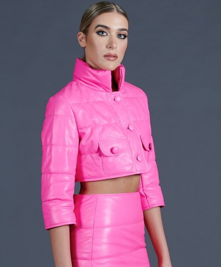 Fuchsia short quilted leather puffer jacket
