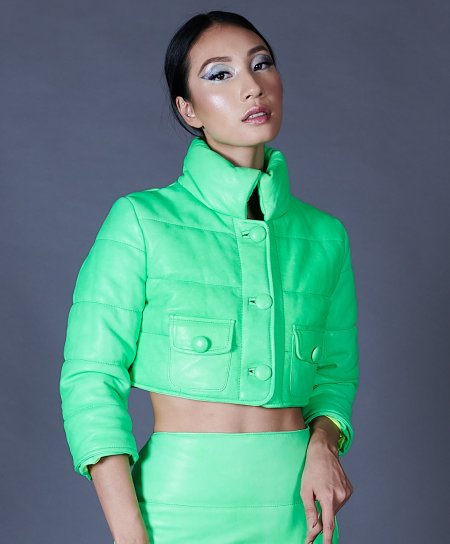 Green fluo short quilted leather puffer jacket