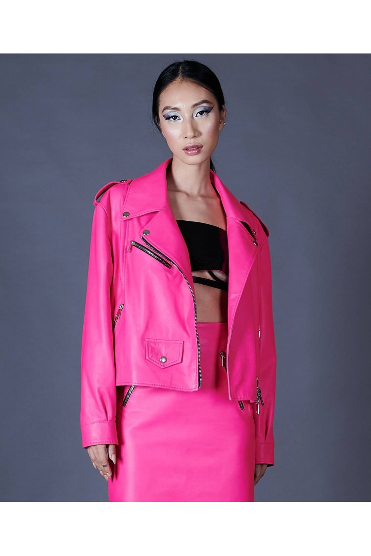 Fuchsia leather biker jacket short version