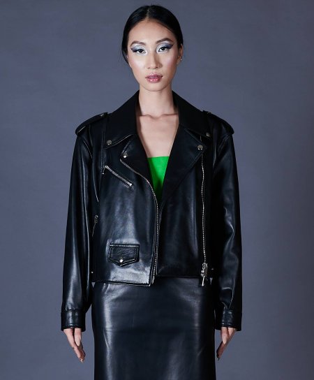 Black leather biker jacket short version