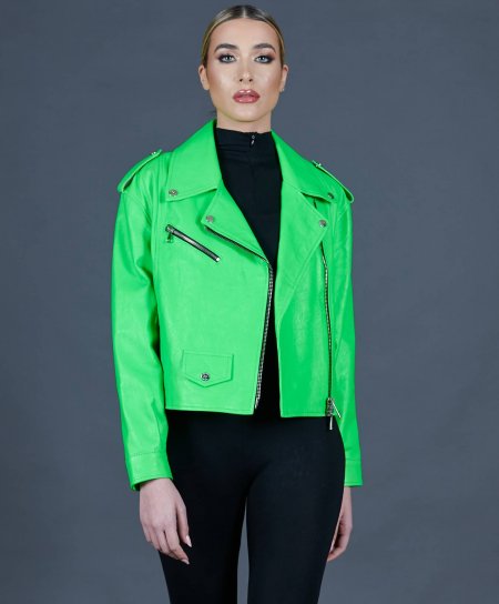 Green fluo leather biker jacket short version