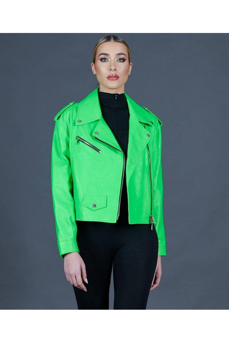 Green fluo leather biker jacket short version