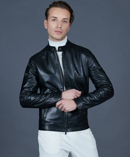  Black leather jacket with korean collar and zip sleeves 