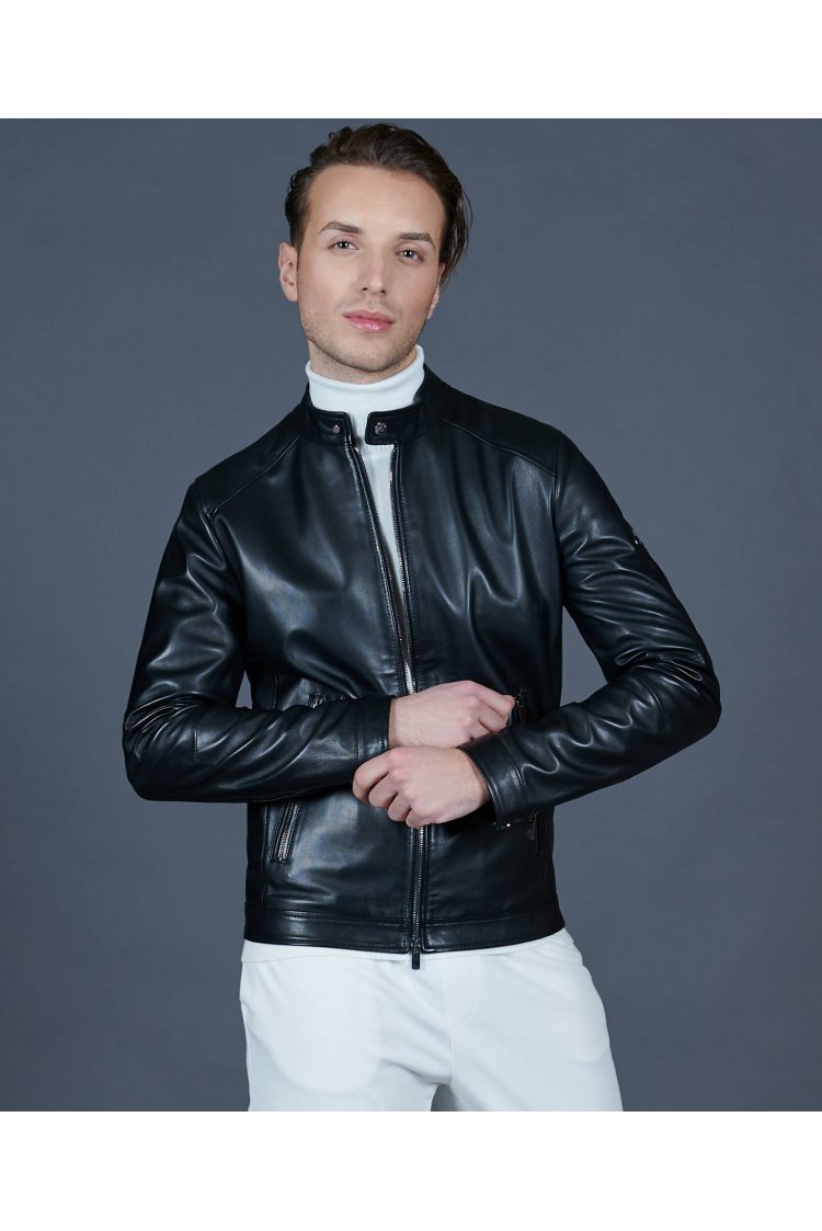  Black leather jacket with korean collar and zip sleeves 