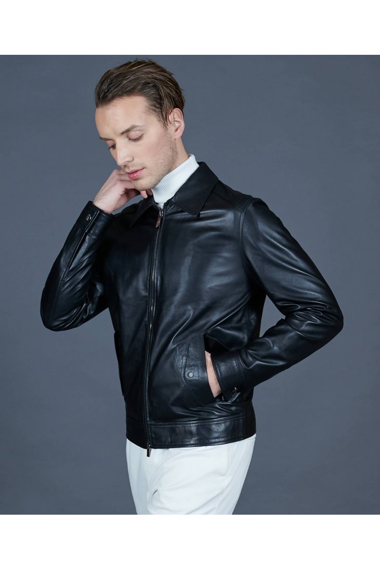 Black leather jacket with shirt collar hand stitching 