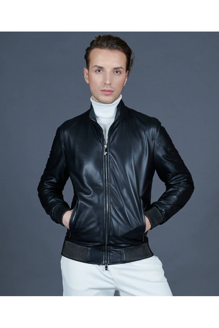 Bomber jacket in black leather with canne embroidery 