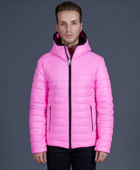 Pink hooded natural lamb leather puffer jacket