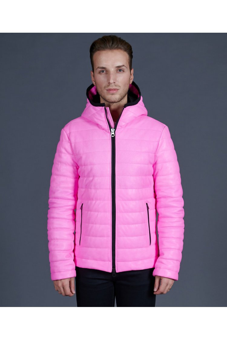 Pink hooded natural lamb leather puffer jacket