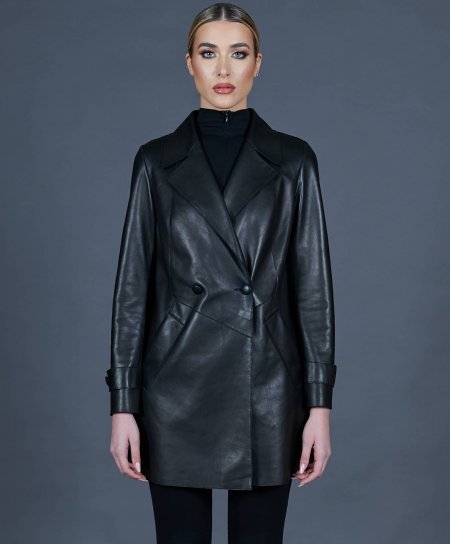Black lamb leather coat buttoned double-breasted