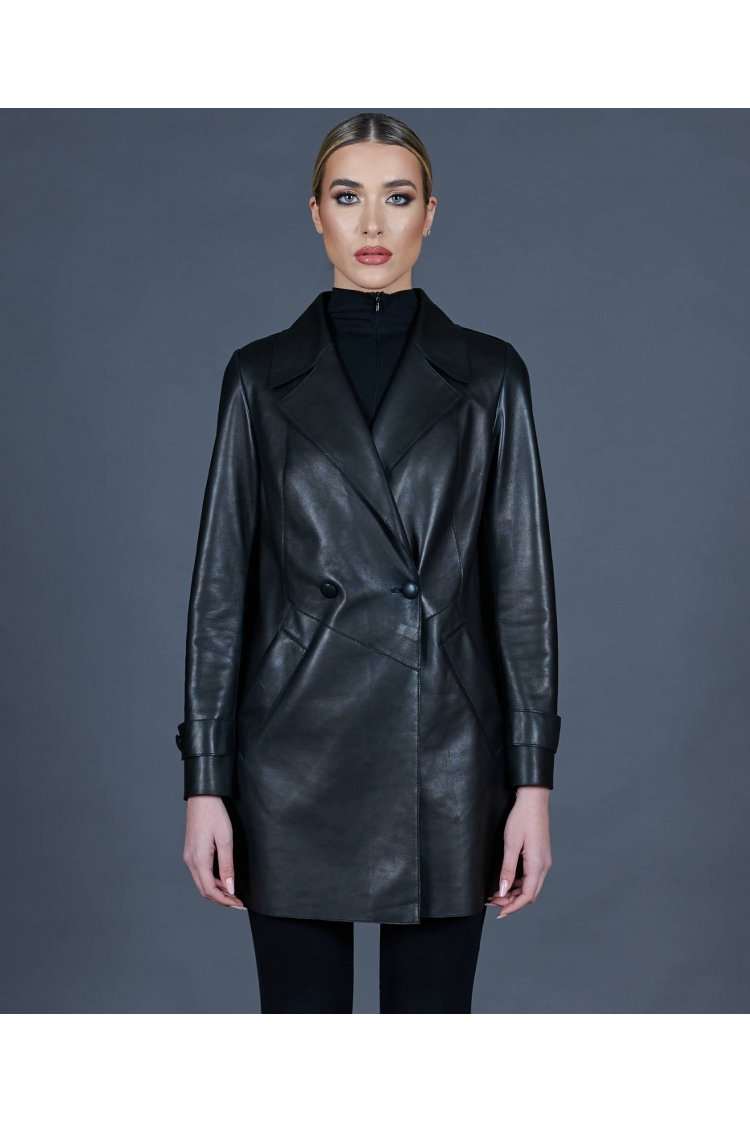 Black lamb leather coat buttoned double-breasted