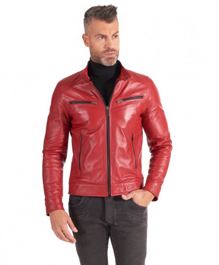 Red nappa leather biker jacket four zipper pockets
