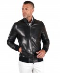 Giubbotto Bomber in pelle nappa nera colletto con bottoni