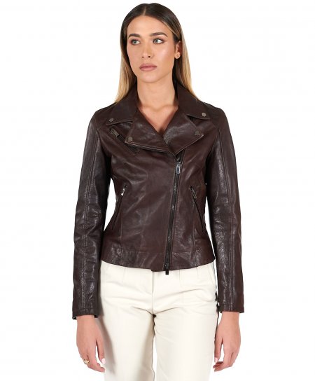 Dark brown pull up leather biker jacket cross zipper