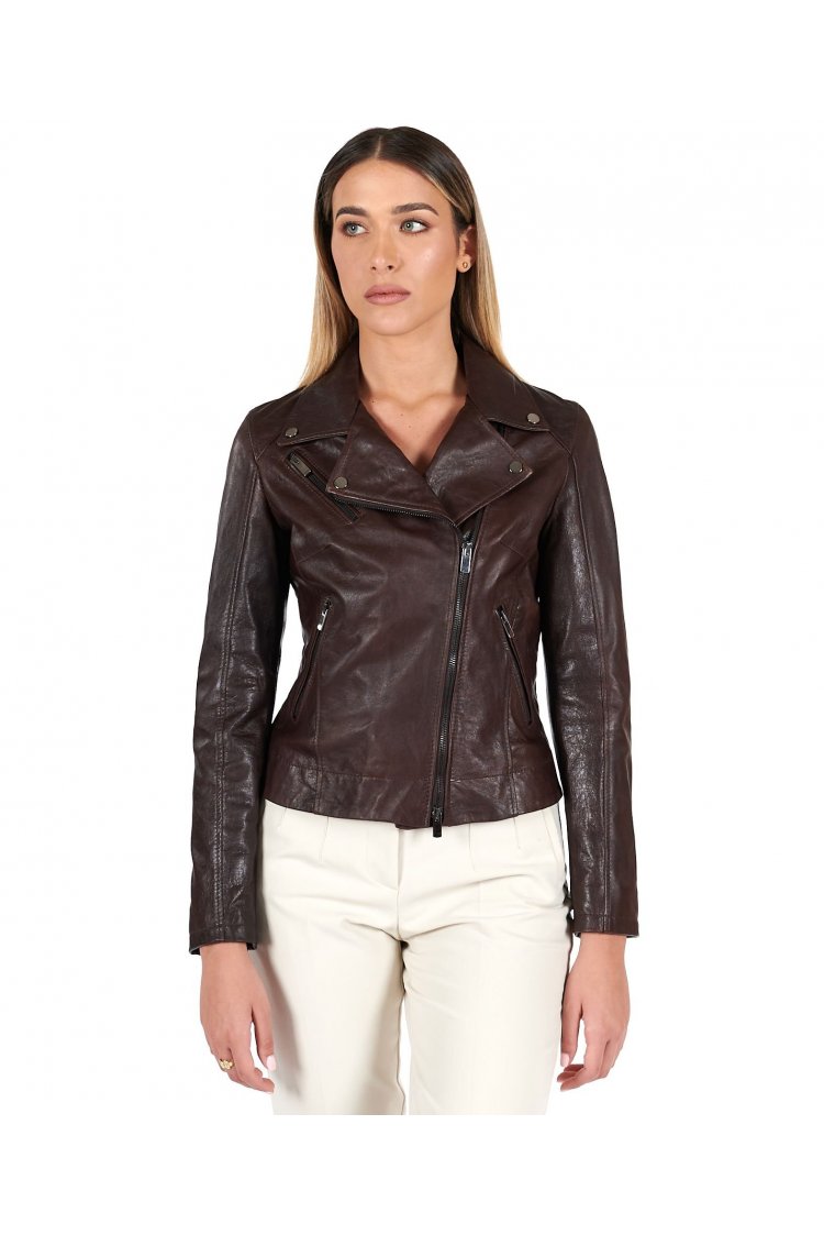 Dark brown pull up leather biker jacket cross zipper