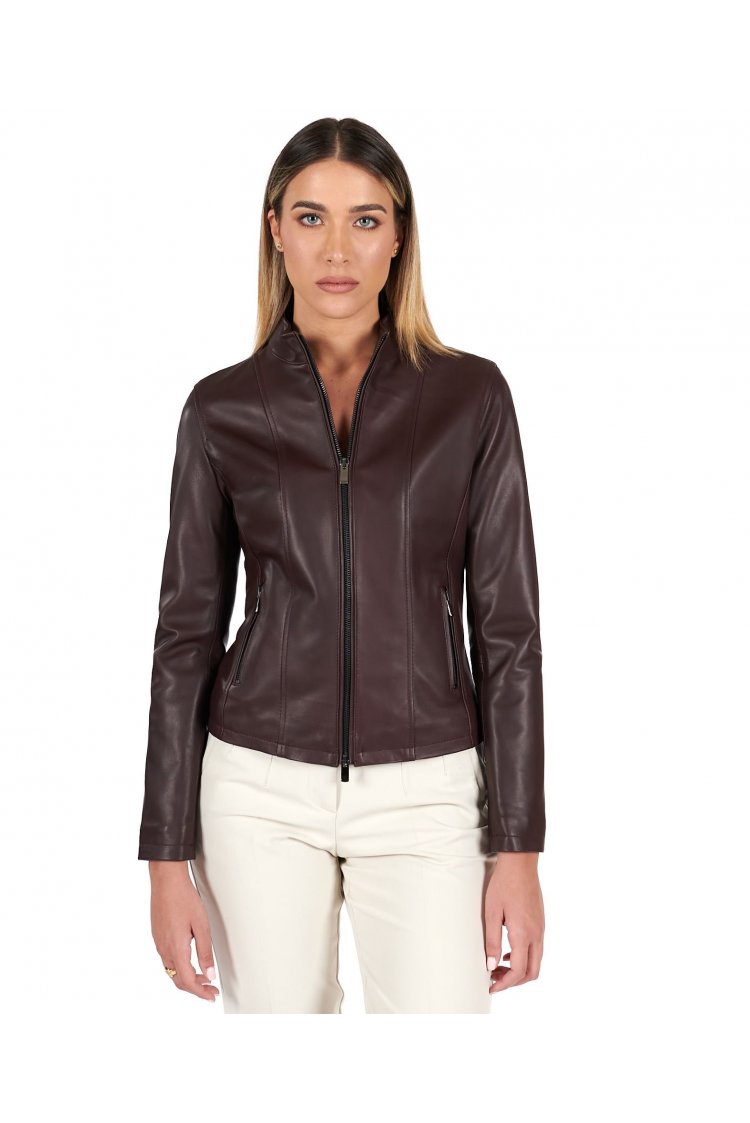 Bordeaux natural lamb leather biker jacket korean collar