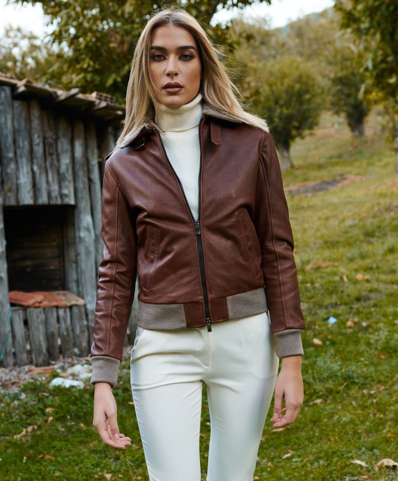 Women's leather bomber jacket aviator vintage tan color Antea