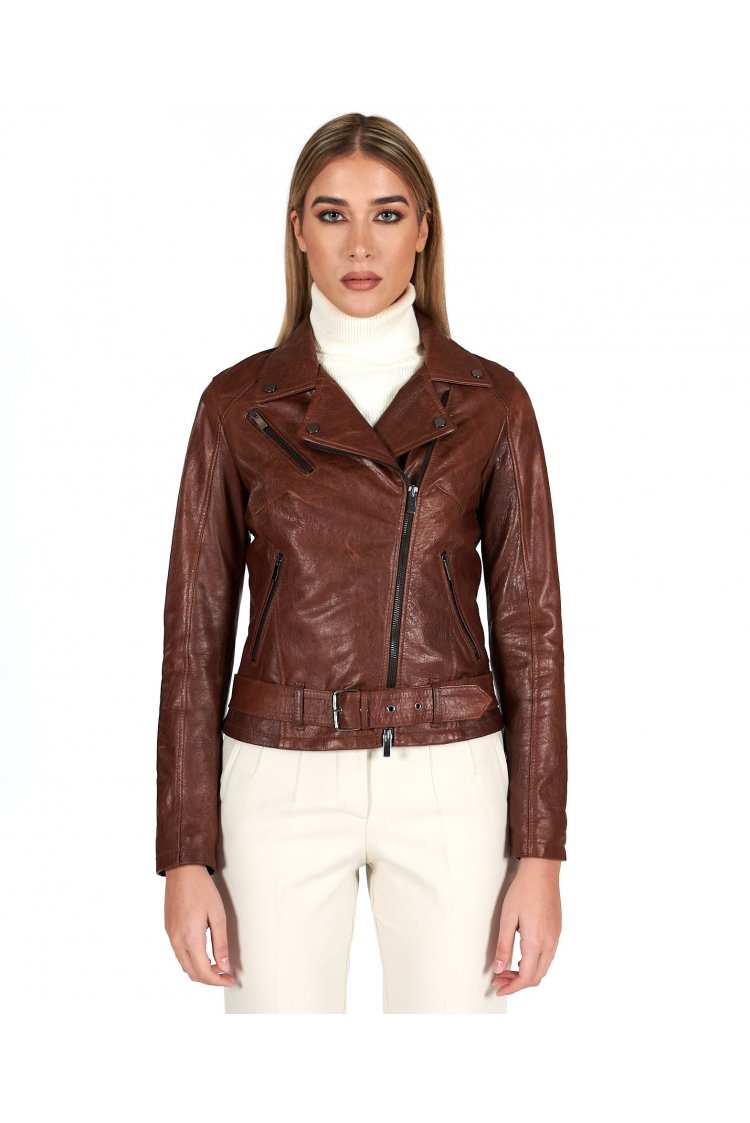 Tan belted leather biker...