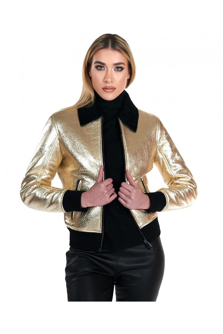 Gold laminated shearling bomber jacket smooth effect