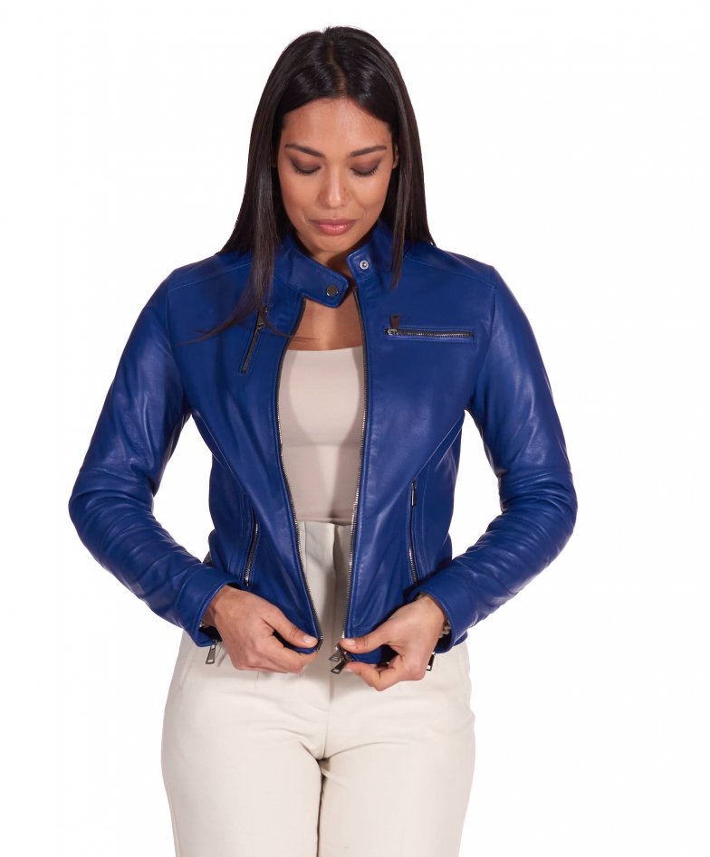 Giulia - Electric blue natural lamb leather biker jacket smooth aspect