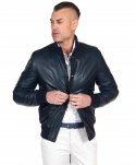 Giubbotto Bomber in pelle blu con bottoni e tasconi