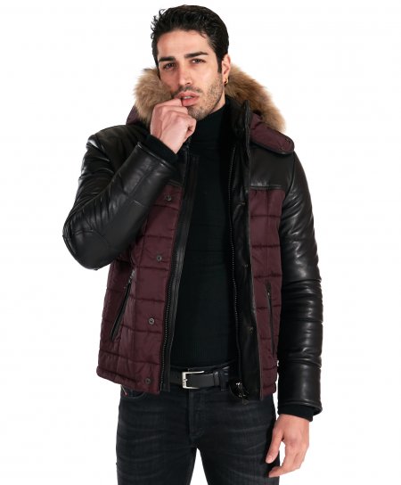 Black bordeaux hooded leather down jacket and fabric