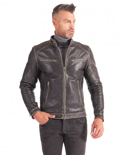 Black lamb leather biker jacket vintage aspect