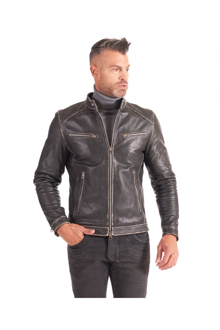 Black lamb leather biker...