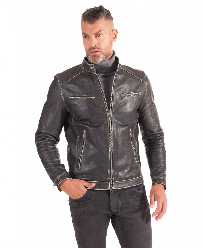 Hamilton - Black lamb leather biker jacket vintage aspect