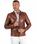 Giacca in pelle colore cuoio effetto vintage collo coreana