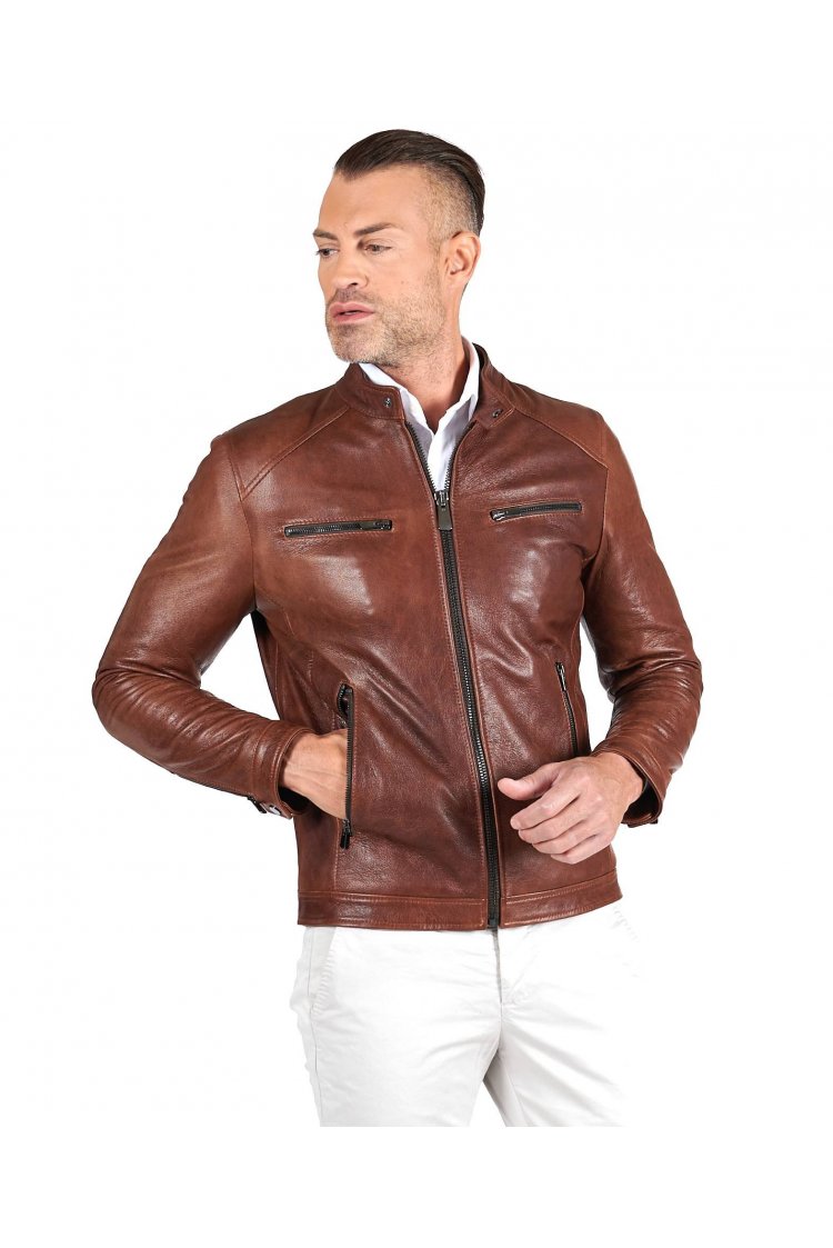 Tan pull up lamb leather biker jacket four zipper pockets