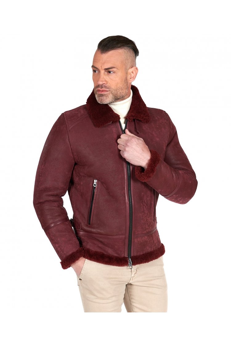 Bordeaux shearling lamb leather biker jacket shirt and buckle collar