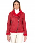 Montone shearling rosso con cintura e cerniera trasversale