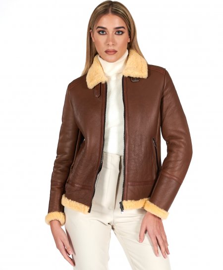 Tan shearling lamb biker jacket buckles and central zipper