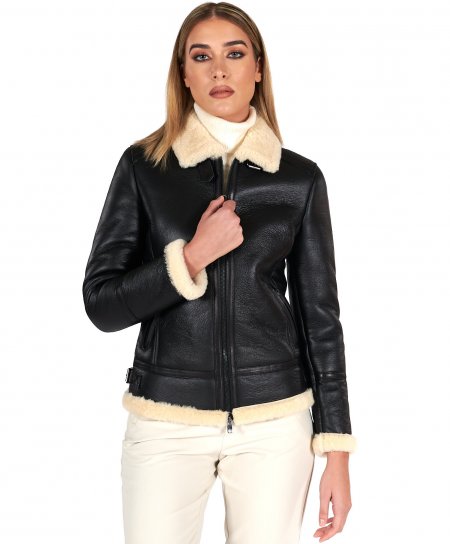 Black shearling lamb biker jacket shirt collar with buckle