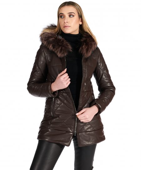 Dark brown hooded natural leather down coat fur edged hood