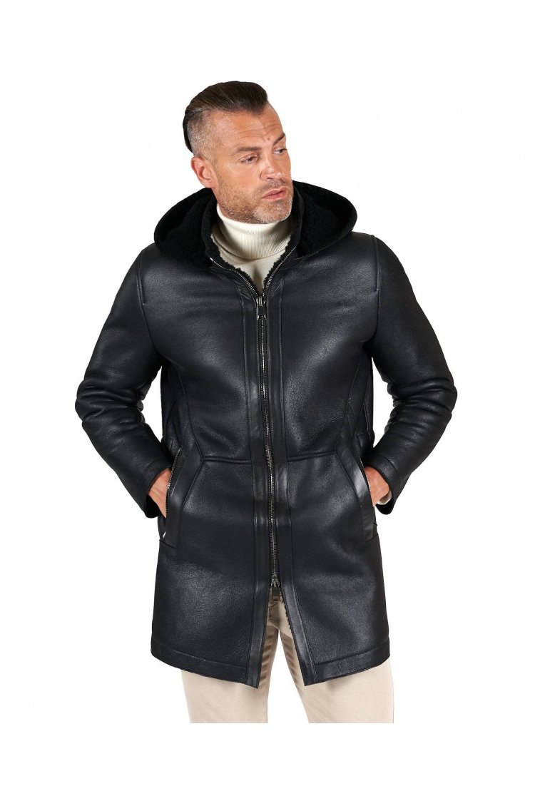 Black shearling lamb coat jacket with detachable hood