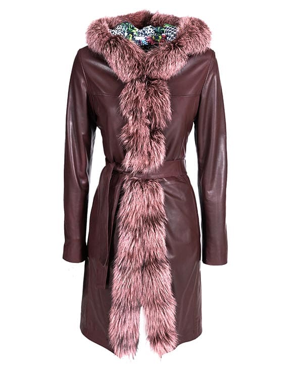 Cappotto pelle donna bordeaux pelliccia